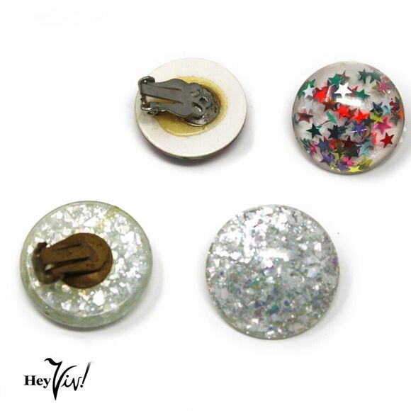 Vintage Clip On Button Earrings 2 Pairs w Confetti Glitter Tiny Stars - Hey Viv - Picture 2 of 3